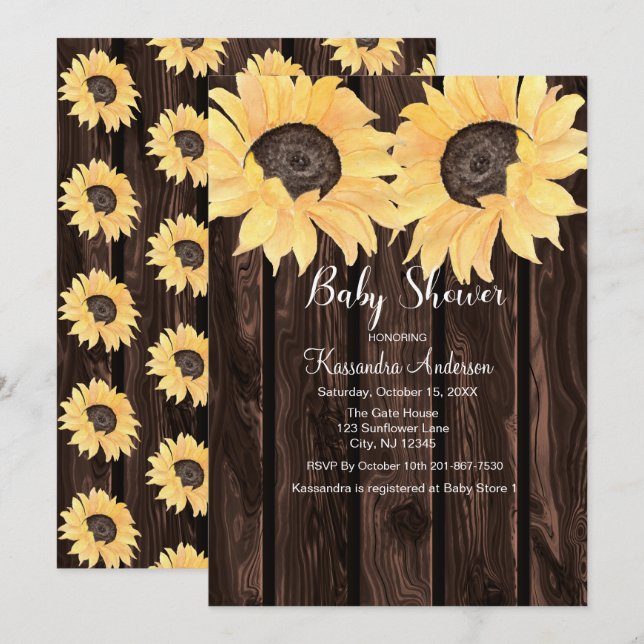 Rustic Wood Sunflower Neutral Gender Baby Shower Invitation (Front/Back)