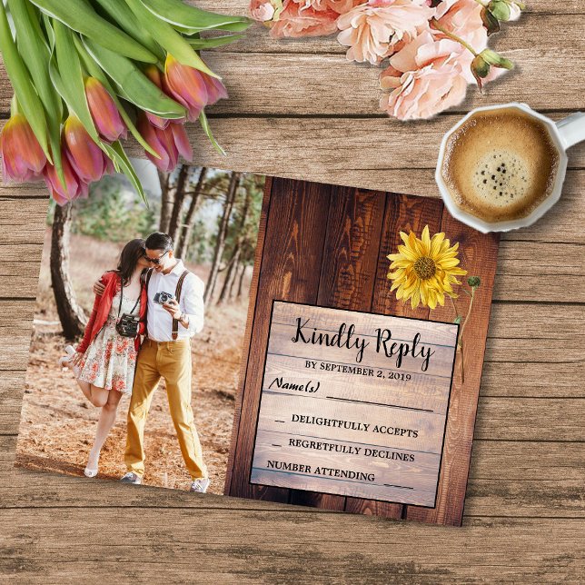 Rustic wood sunflower photo country RSVP Wedding Invitation (Rustic barn wood sunflower RSVP wedding invitation. You can add your own photo.)