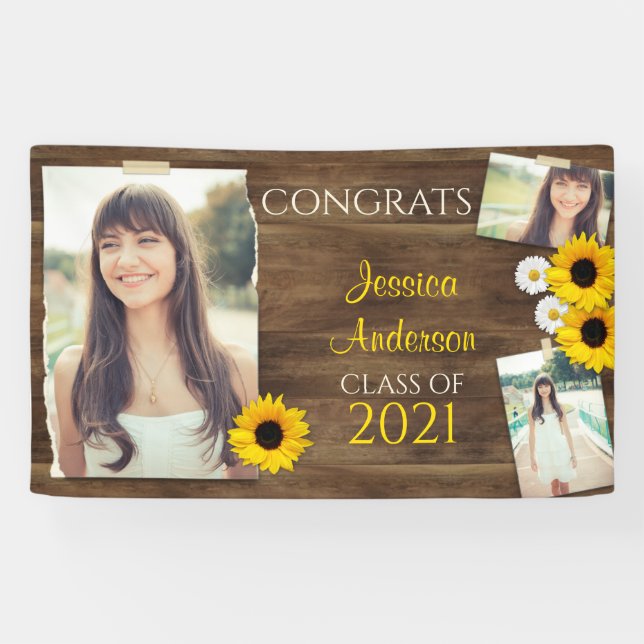 Rustic Wood Sunflower Photo Template Graduation Banner (Horizontal)
