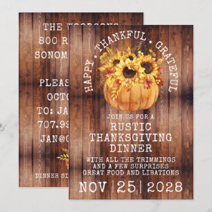 Rustic Wood Sunflower Pumpkin Thanksgiving Dinner Invitation