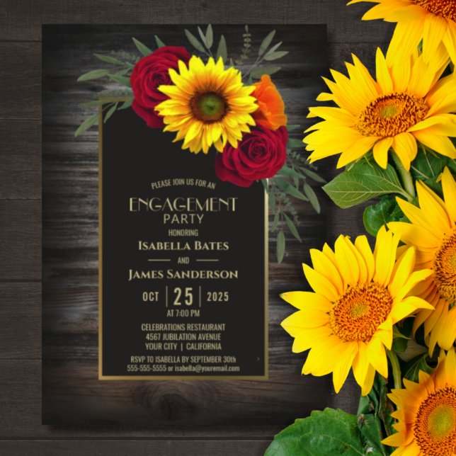 Rustic Wood Sunflower Rose Engagement Party Invitation (Creator Uploaded)