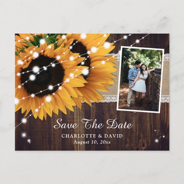 Rustic Wood Sunflower Save The Date Photo Announcement Postcard (Front)