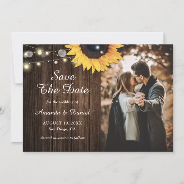 Rustic Wood Sunflower Save The Date Photo Cards (Front)