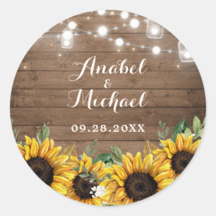 Rustic Wood Sunflower String Light Lace Classic Round Sticker