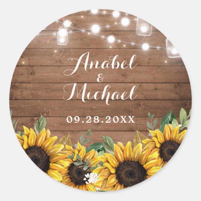 Rustic Wood Sunflower String Light Lace Classic Round Sticker (Front)