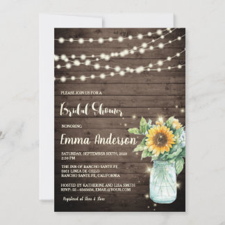 Rustic Wood Sunflower String Lights Bridal Shower Invitation