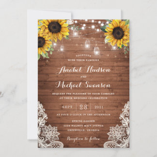 Rustic Wood Sunflower String Lights Lace Mason Jar Invitation