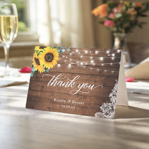 Rustic Wood Sunflower String Lights Lace Thank You Card