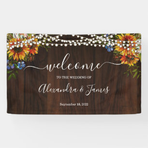Rustic Wood Sunflower String Lights Wedding Banner
