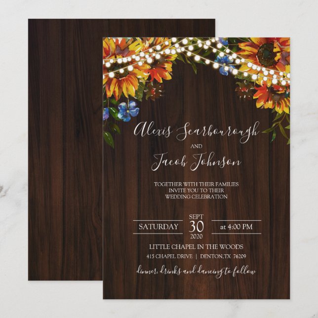 Rustic Wood Sunflower String Lights Wedding Invitation (Front/Back)