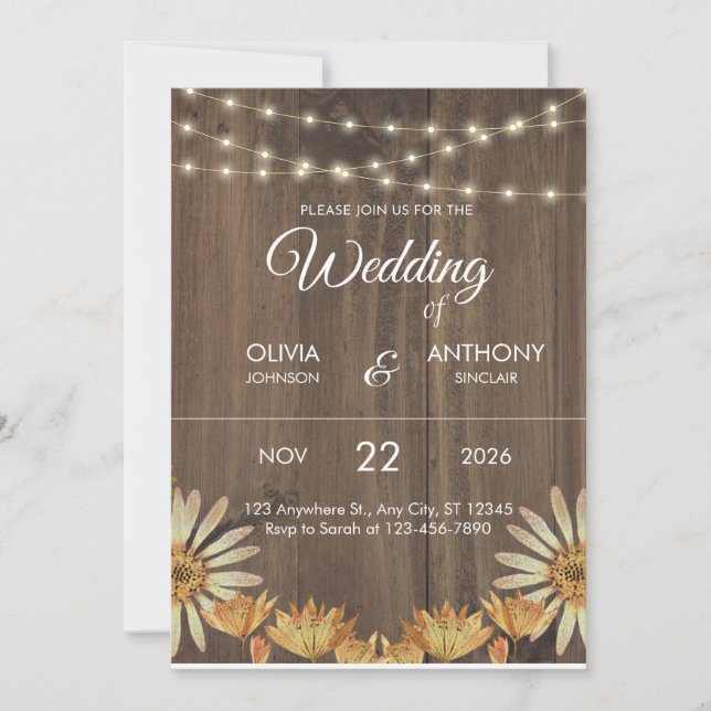 Rustic Wood Sunflower String Lights Wedding Invitation (Front)