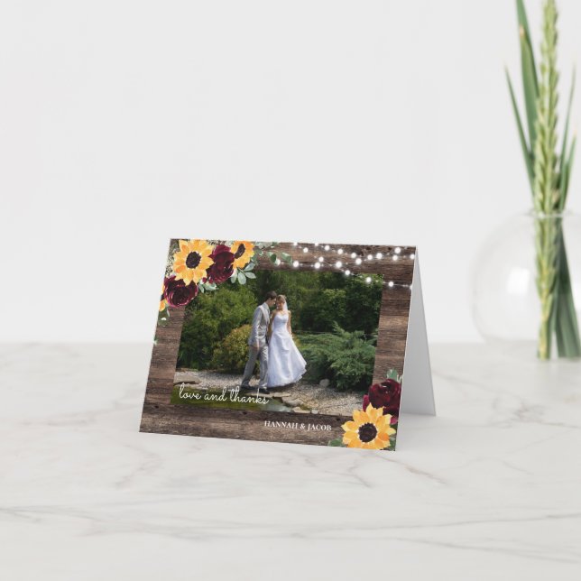 Rustic Wood Sunflower String Lights Wedding Photo  Thank You Card (Front)