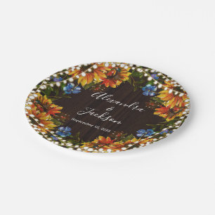 Rustic Wood Sunflower String Lights Wedding Plate