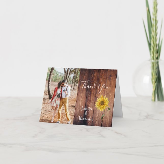 Rustic wood sunflower Thank You wedding card (Front)