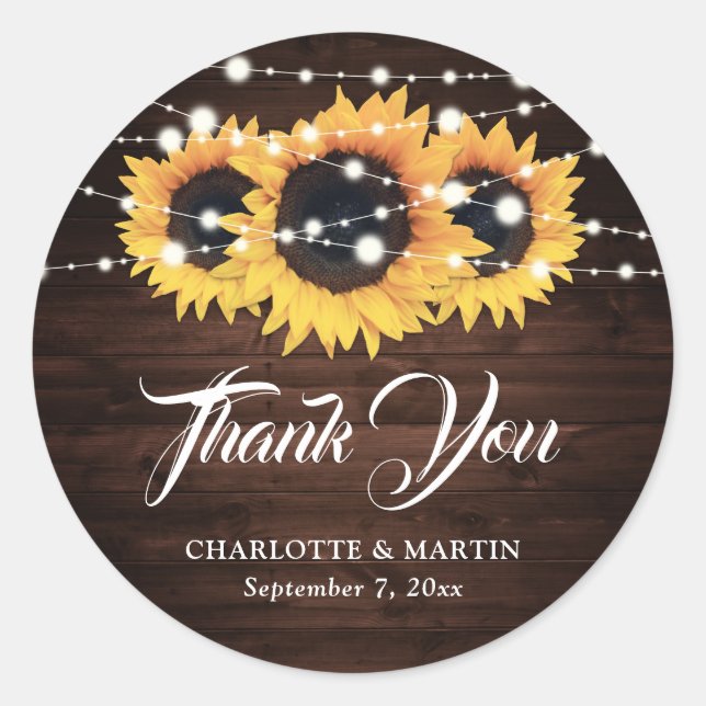 Rustic Wood Sunflower Thank You Wedding Favour Classic Round Sticker (Front)
