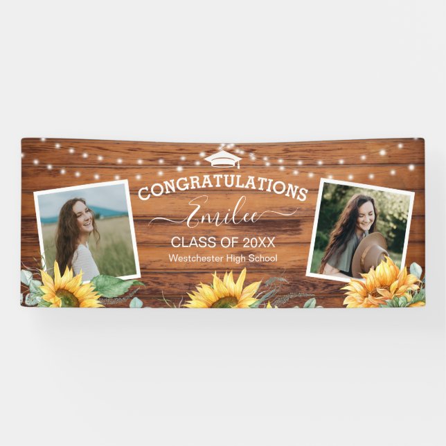 Rustic Wood Sunflower Two Photo Graduation Banner (Horizontal)