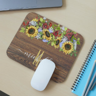 Rustic Wood Sunflower Watercolor Personalised Mouse Mat