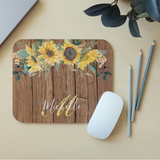 Rustic Wood Sunflower Watercolor Personalised Mouse Mat (Creator Uploaded)