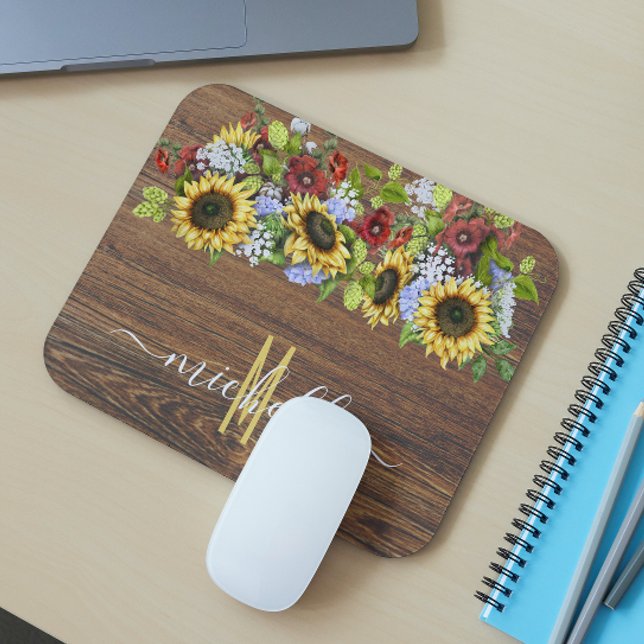 Rustic Wood Sunflower Watercolor Personalised Mouse Mat (Creator Uploaded)