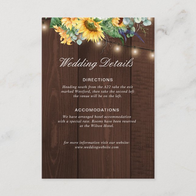 rustic wood sunflower wedding details card (Front)