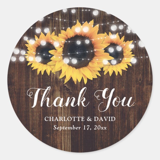 Rustic Wood Sunflower Wedding Favour Classic Round Sticker (Front)