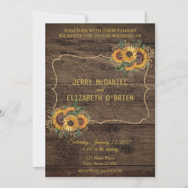 Rustic Wood Sunflower Wedding Invitation (Front)