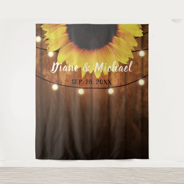 Rustic Wood Sunflower Wedding Photo Booth Backdrop Tapestry (Front)