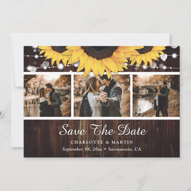 Rustic Wood Sunflower Wedding Photo Save The Date (Front)