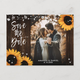 Rustic Wood Sunflower Wedding Photo Save The Date Announcement Postcard