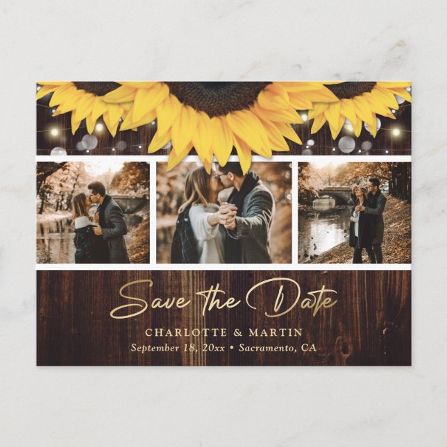Rustic Wood Sunflower Wedding Photo Save The Date Announcement Postcard (Front)