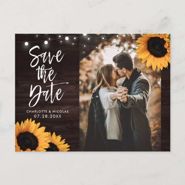 Rustic Wood Sunflower Wedding Photo Save The Date Postcard (Front)