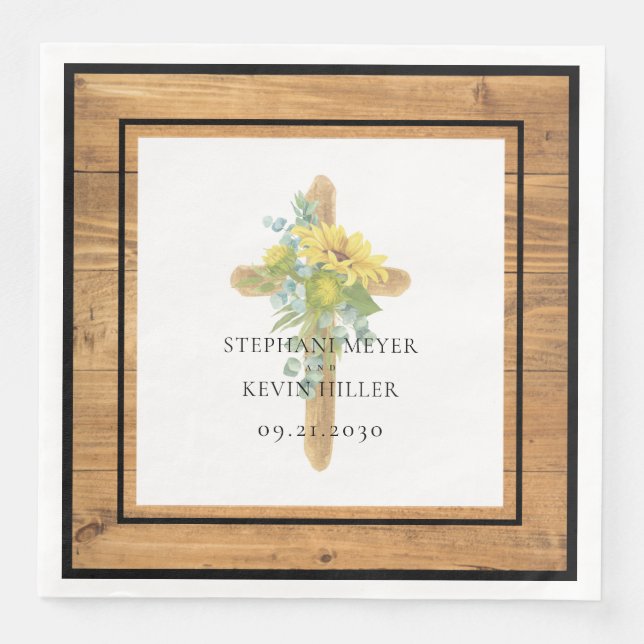Rustic Wood Sunflower Wooden Cross Wedding Napkin (Front)