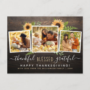 Rustic Wood & Sunflowers 3 Photos Thanksgiving Invitation Postcard