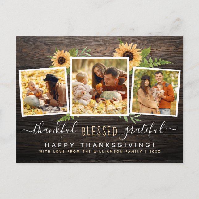 Rustic Wood & Sunflowers 3 Photos Thanksgiving Invitation Postcard (Front)