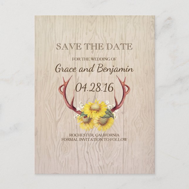 Rustic Wood Sunflowers and Antlers Save the Date Announcement Postcard (Front)