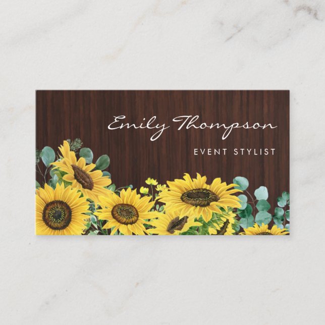 Rustic Wood Sunflowers and Eucalyptus Floral Business Card (Front)