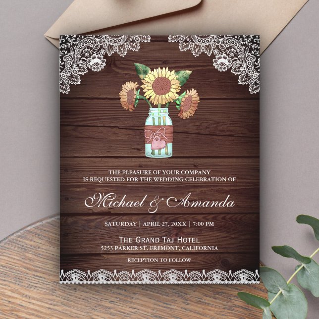 Rustic Wood Sunflowers Budget Wedding Invitation (Creator Uploaded)