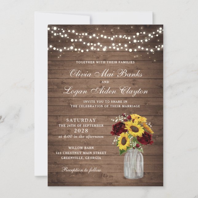 Rustic Wood Sunflowers Burgundy Mason Jar Wedding Invitation (Front)