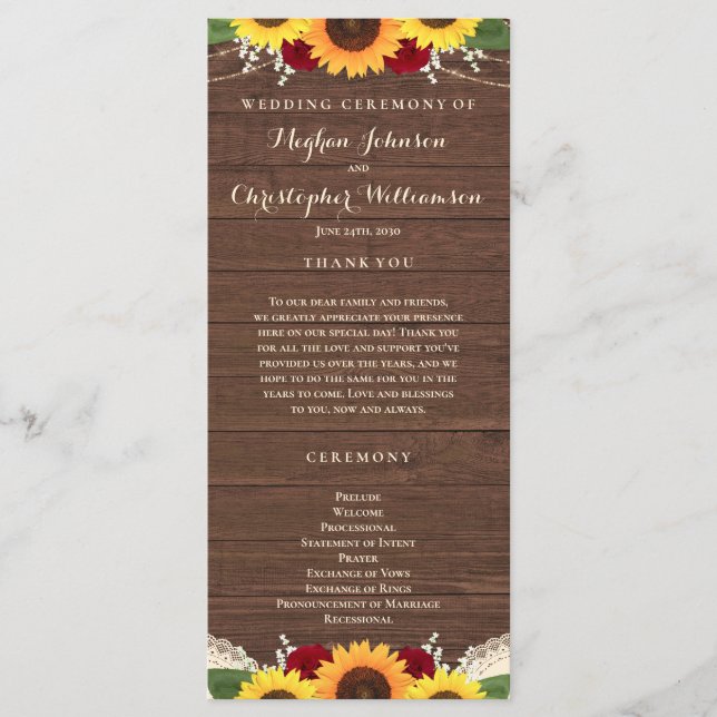 Rustic Wood Sunflowers Burgundy Red Roses Wedding Programme (Front)