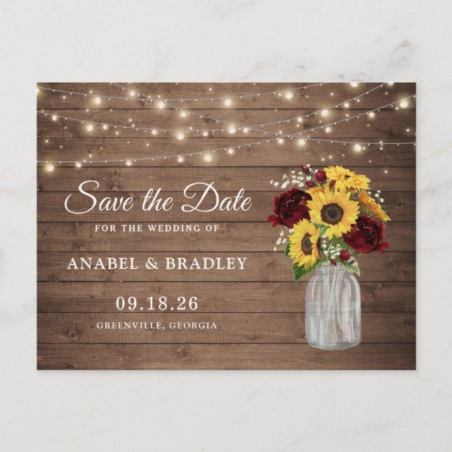 Rustic Wood Sunflowers Burgundy Save the Date Announcement Postcard (Front)
