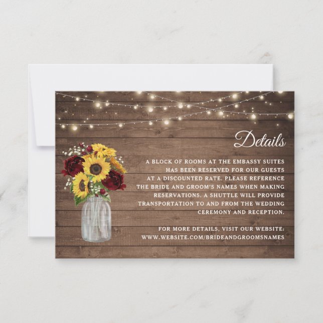 Rustic Wood Sunflowers Burgundy Wedding Details Invitation (Front)