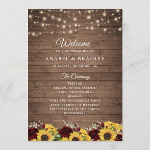 Rustic Wood Sunflowers Burgundy Wedding Program Programme
