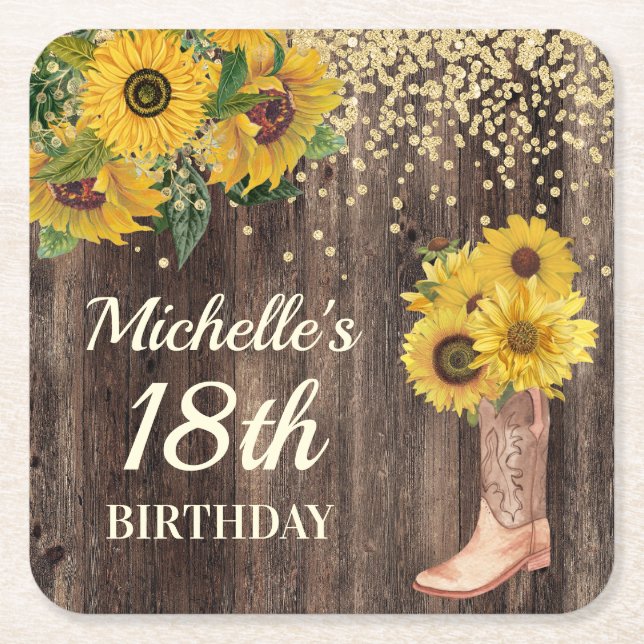 Rustic Wood Sunflowers Cowboy Boots 18th Birthday Square Paper Coaster (Front)