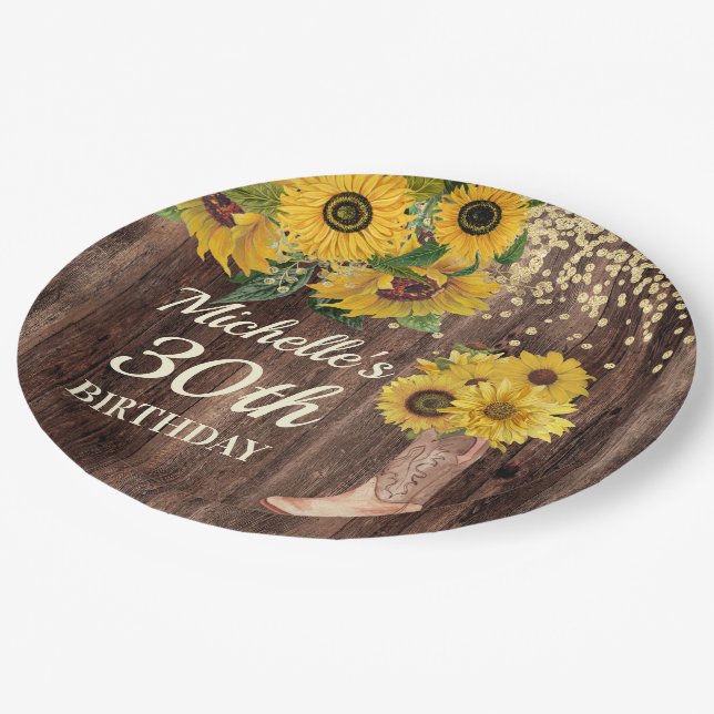 Rustic Wood Sunflowers Cowboy Boots 30th Birthday Paper Plate (Angled)