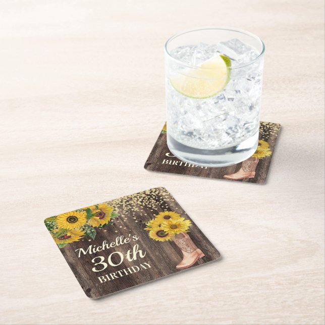 Rustic Wood Sunflowers Cowboy Boots 30th Birthday Square Paper Coaster (Insitu)