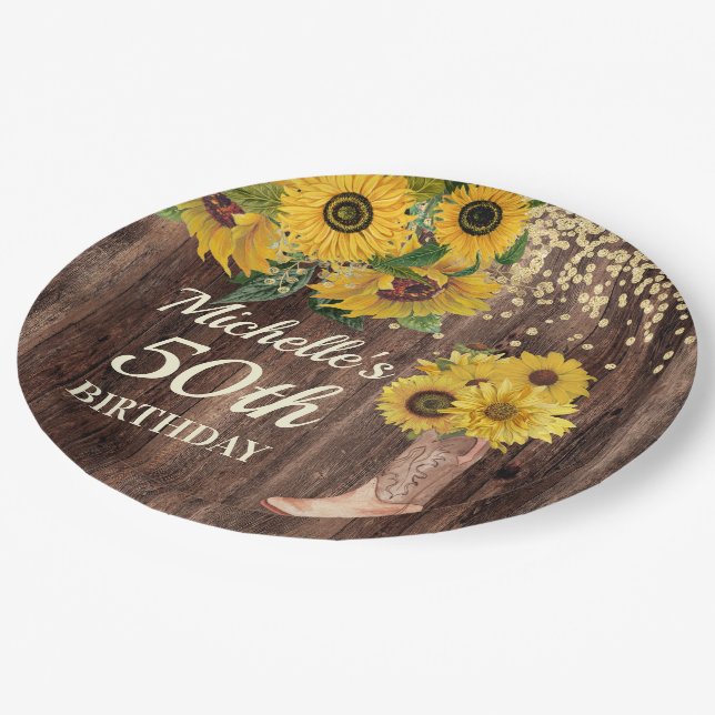 Rustic Wood Sunflowers Cowboy Boots 50th Birthday Paper Plate (Angled)