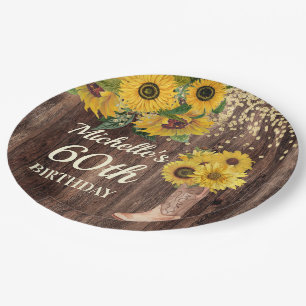 Rustic Wood Sunflowers Cowboy Boots 60th Birthday Paper Plate