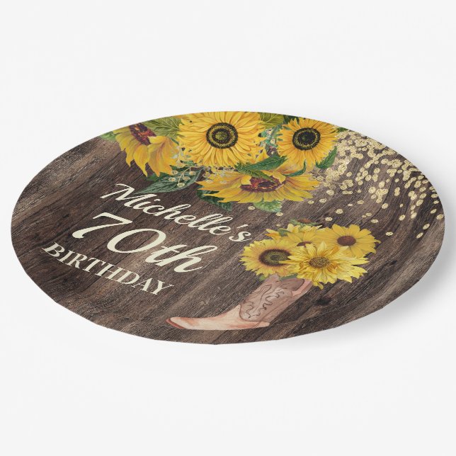 Rustic Wood Sunflowers Cowboy Boots 70th Birthday Paper Plate (Angled)