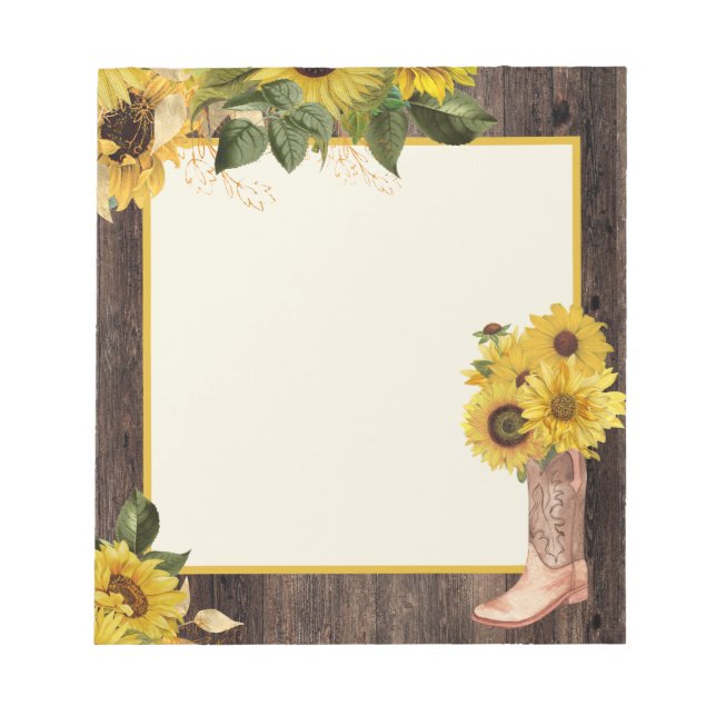 Rustic Wood Sunflowers Cowgirl Boots Notepad (Front)