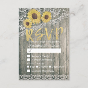 Rustic Wood Sunflowers Elegant Lace Wedding RSVP Card